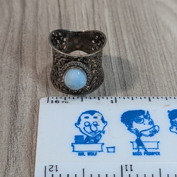 Victorian Larimar Stone CZ & Sterling Silver Laser Cut Heart Wide Band Ring - Picture 11 of 11